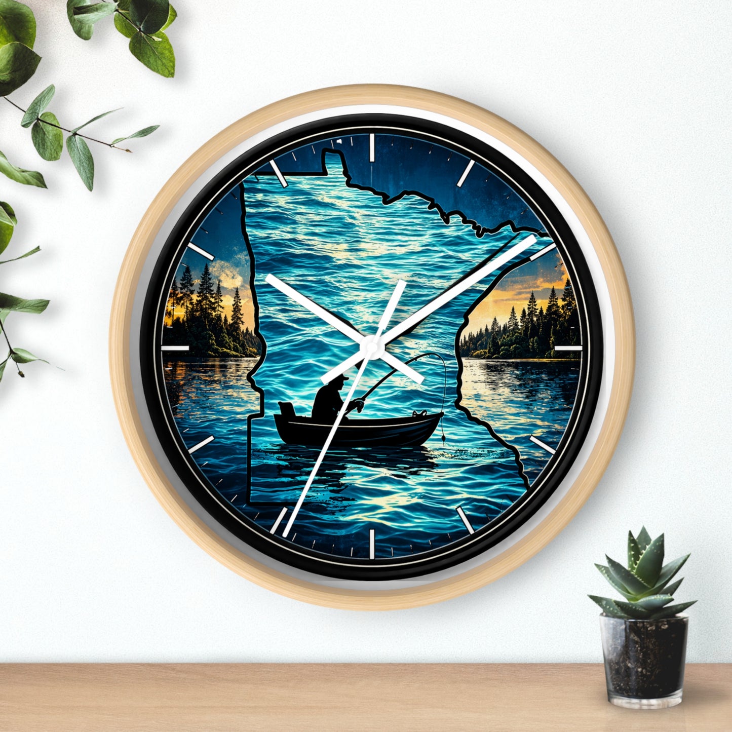 Minnesota Lake Fishing Wall Clock — Silhouette Canoe Sunset Decor