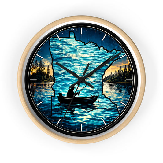 Minnesota Lake Fishing Wall Clock — Silhouette Canoe Sunset Decor