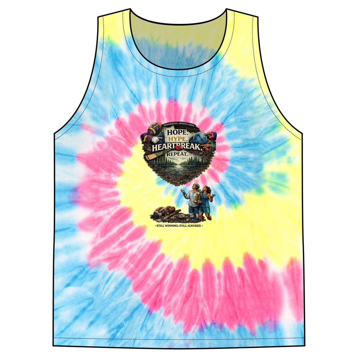 Tie-Dye Tank Top — 'Hope, Hype, Heartbreak' Retro Festival Graphic