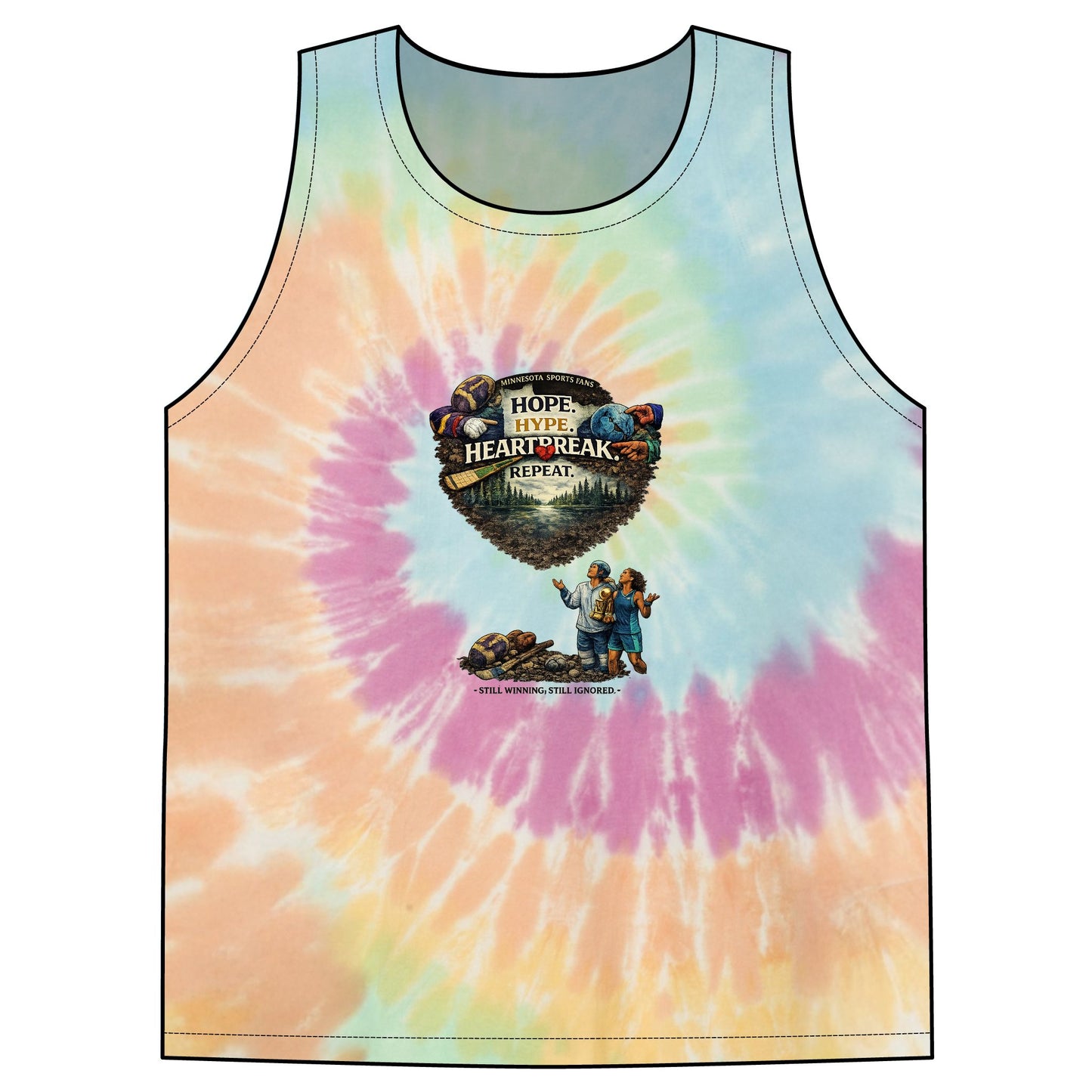 Tie-Dye Tank Top — 'Hope, Hype, Heartbreak' Retro Festival Graphic